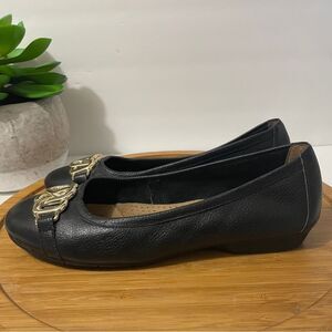 Aerosoles Meteorite Black Leather Ballet Flat Women 7.5 Dressy Gold Chain Loafer